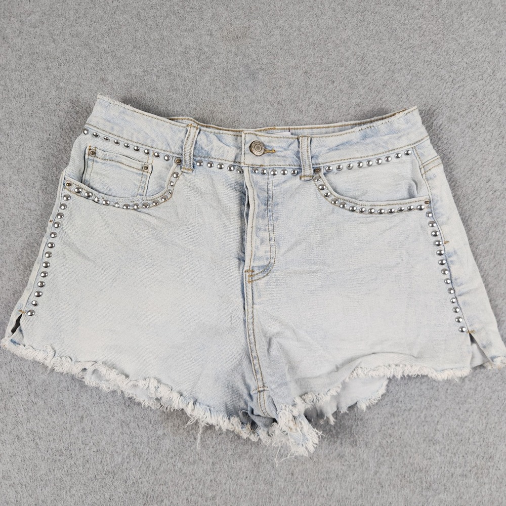 Vanilla Star Jean Shorts Womens 5 Blue Denim Stretch Light Wash Studded Raw Hem